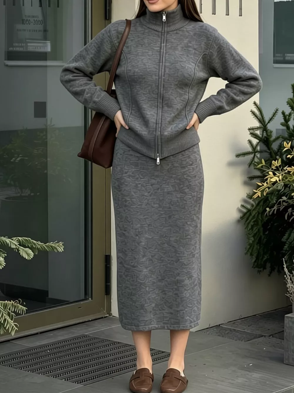 Zip-Up Mock Neck Cardigan and Matching Midi Skirt Sweater Set, image 5
