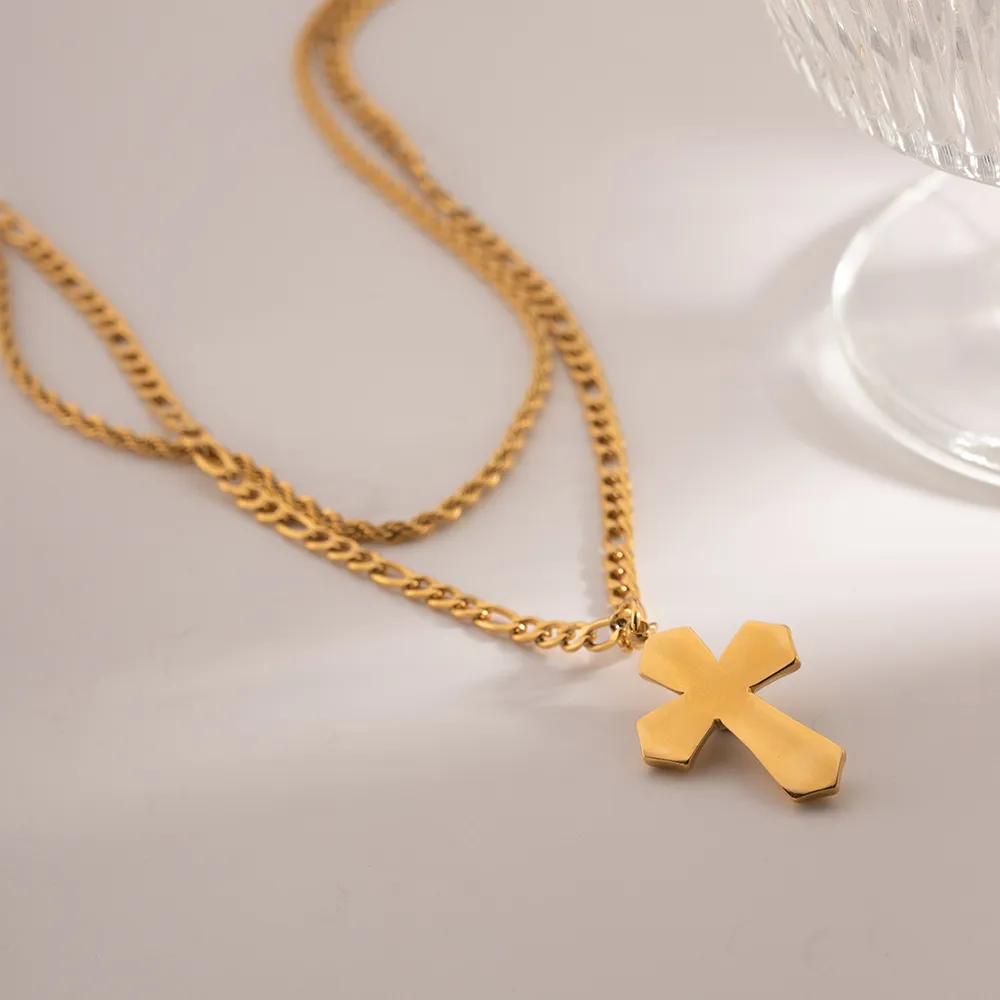 18K Gold-Plated Double Layered Cross Necklace, image 4