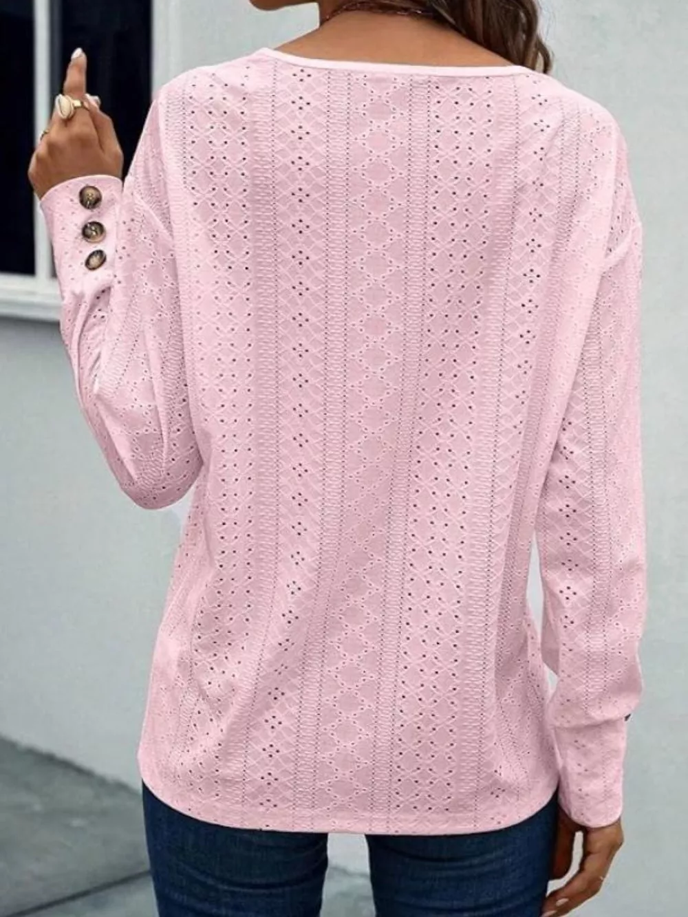 Eyelet V-Neck Long Sleeve T-Shirt, image 13