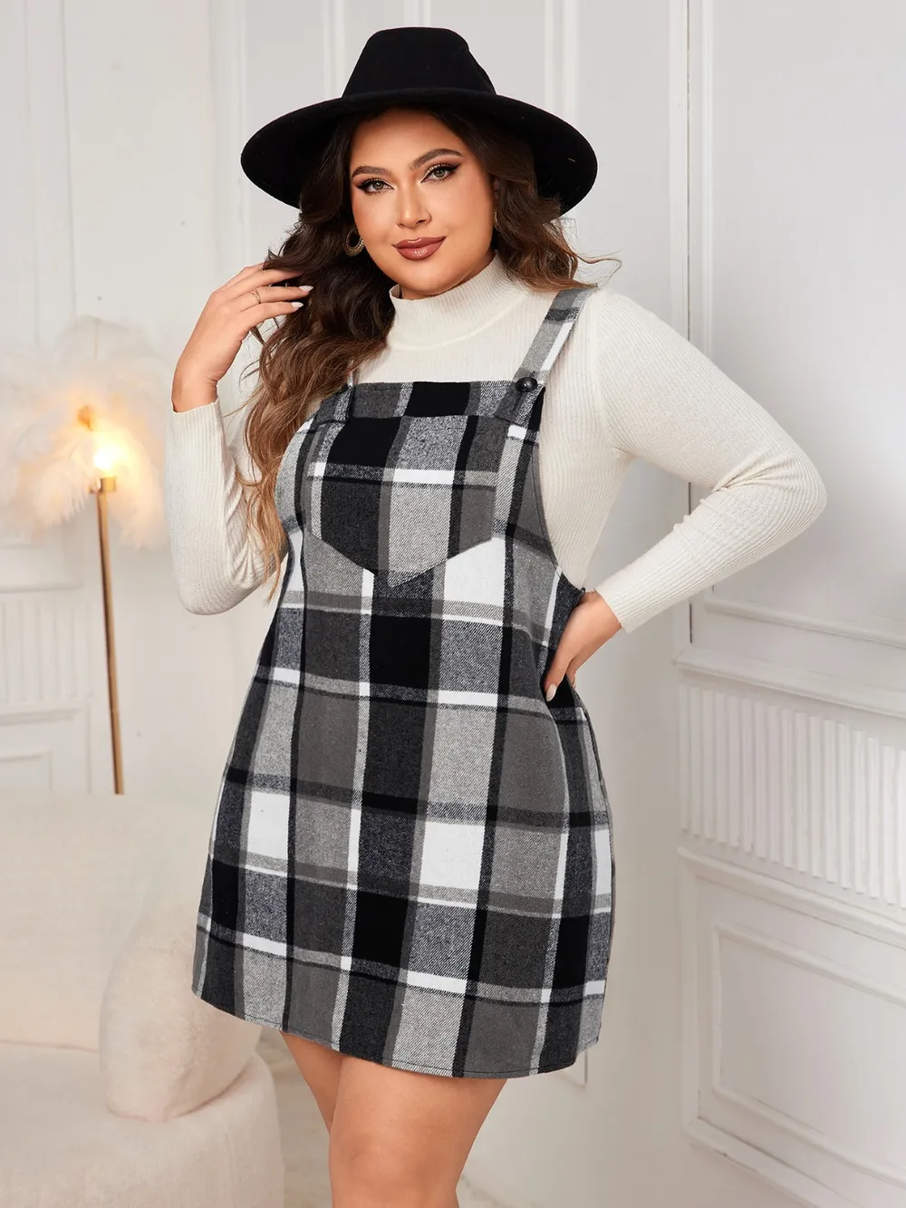 Plus Size Plaid Wide Strap Overall Dress, image 10