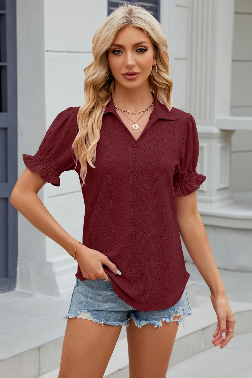 Eyelet Johnny Collar Short Sleeve Blouse, image 23