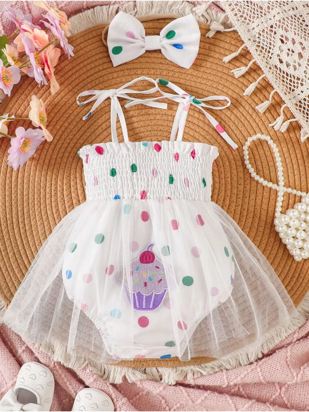 Children's Smocked Tie Shoulder Bodysuit Dress with Headband, image 2