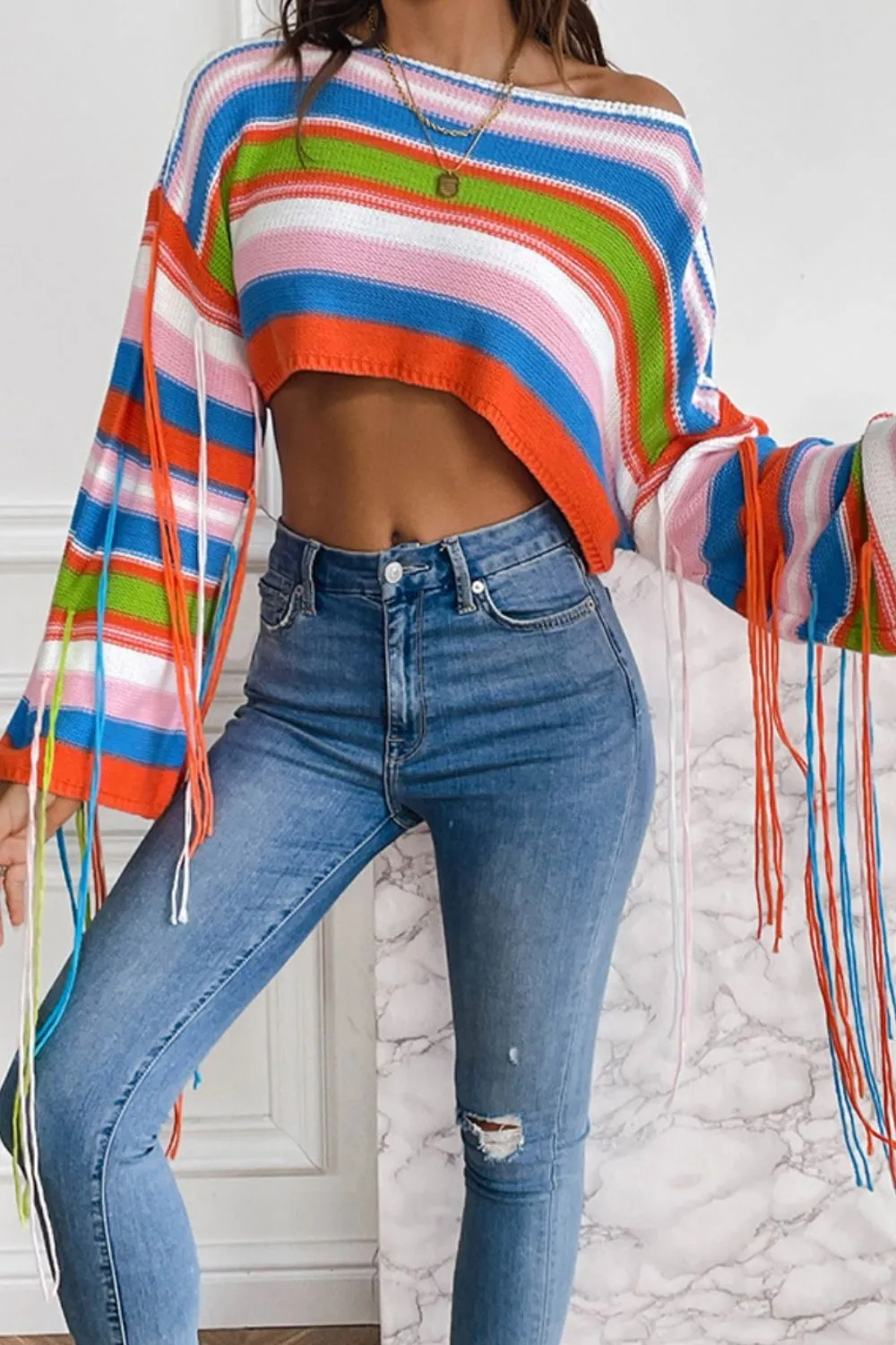 Fringe Striped Round Neck Knit Top, image 2