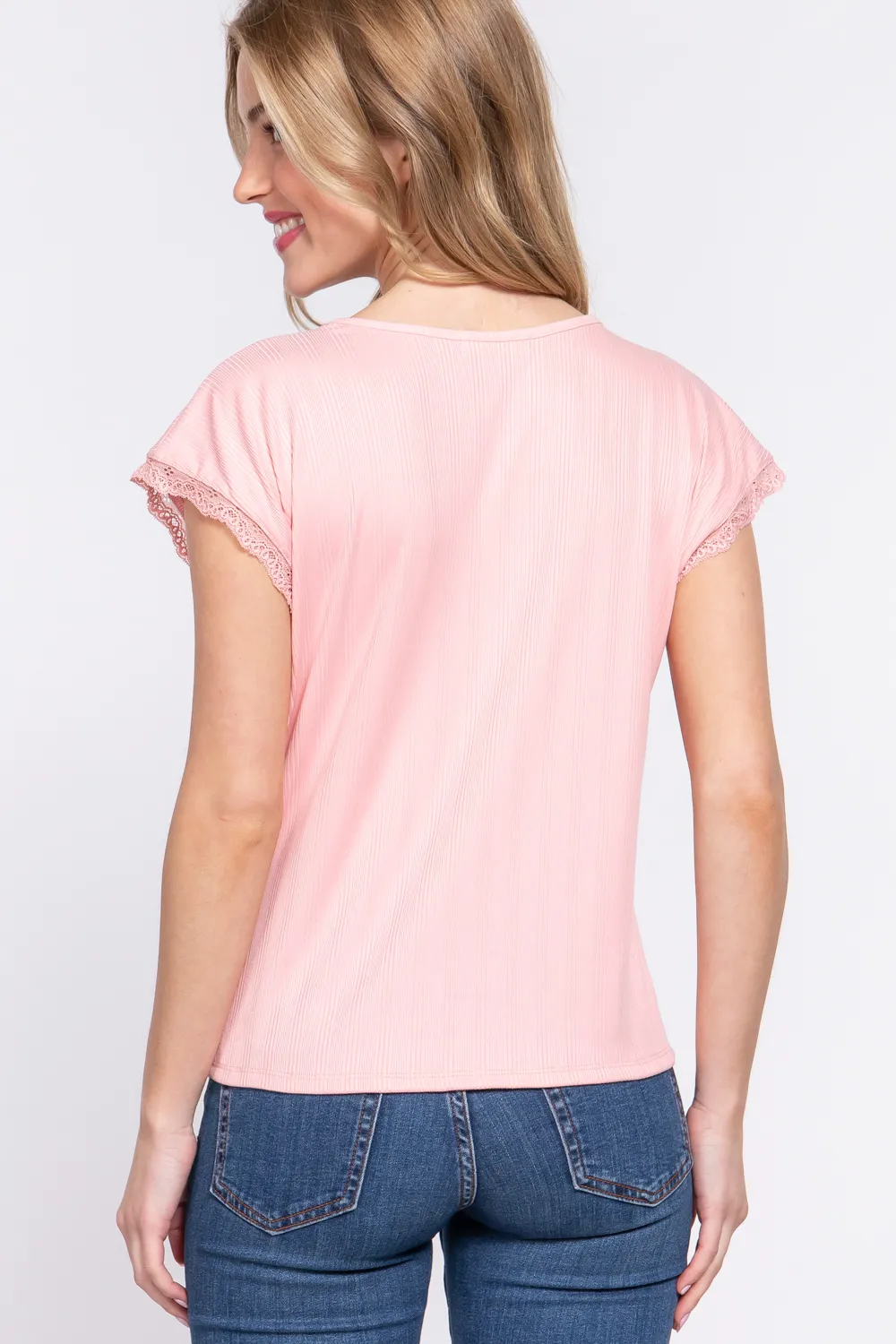Lace Trim V-Neck Short Sleeve Ribbed Top, image 3