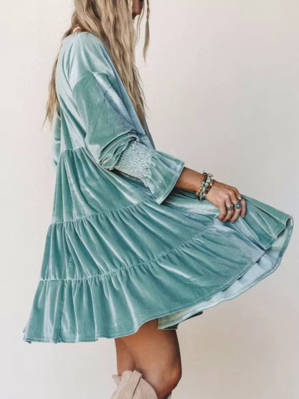 Velvet Tiered Mini Dress with Balloon Sleeves, image 10