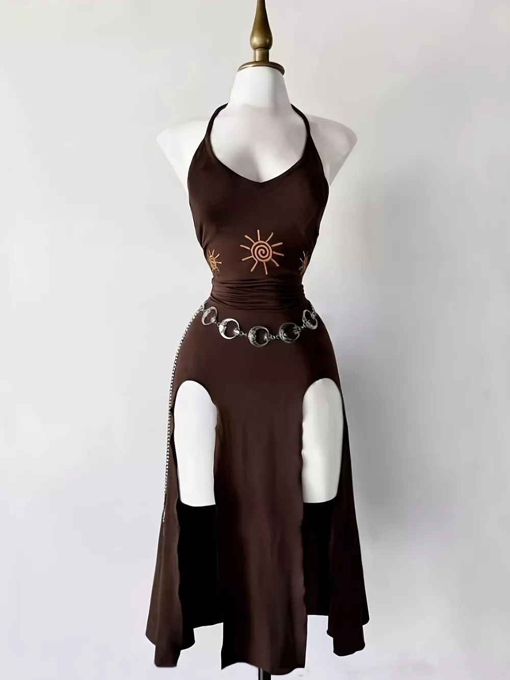 Slit Halter Neck Sun-Embroidered Dress