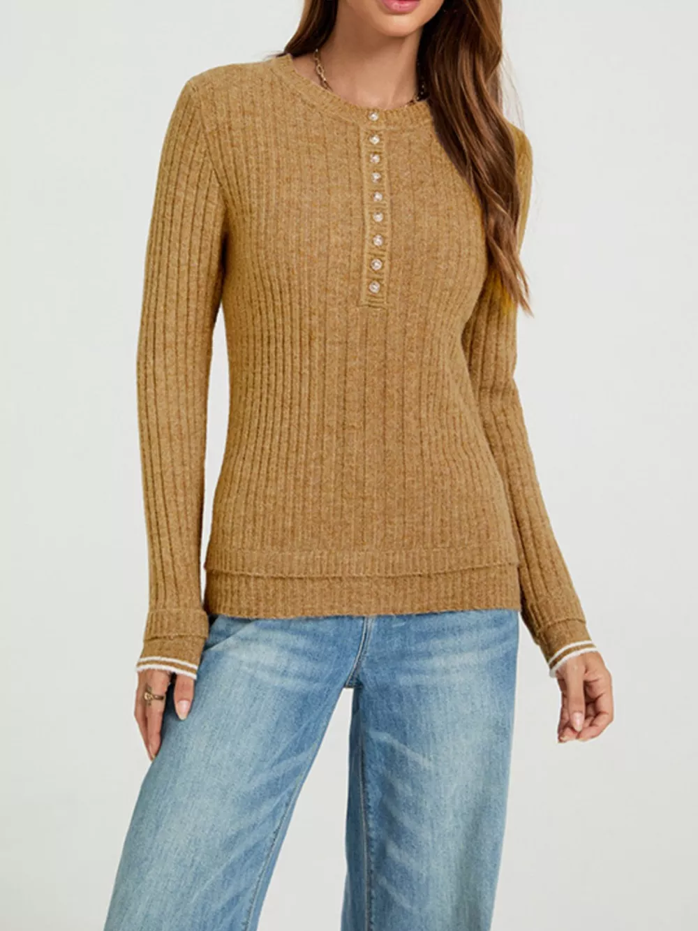 Button Detail Ribbed Knit Top, image 3