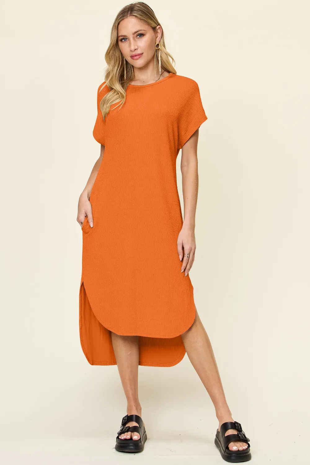 Full Size Round Neck Short Sleeve Slit Dress, image 8