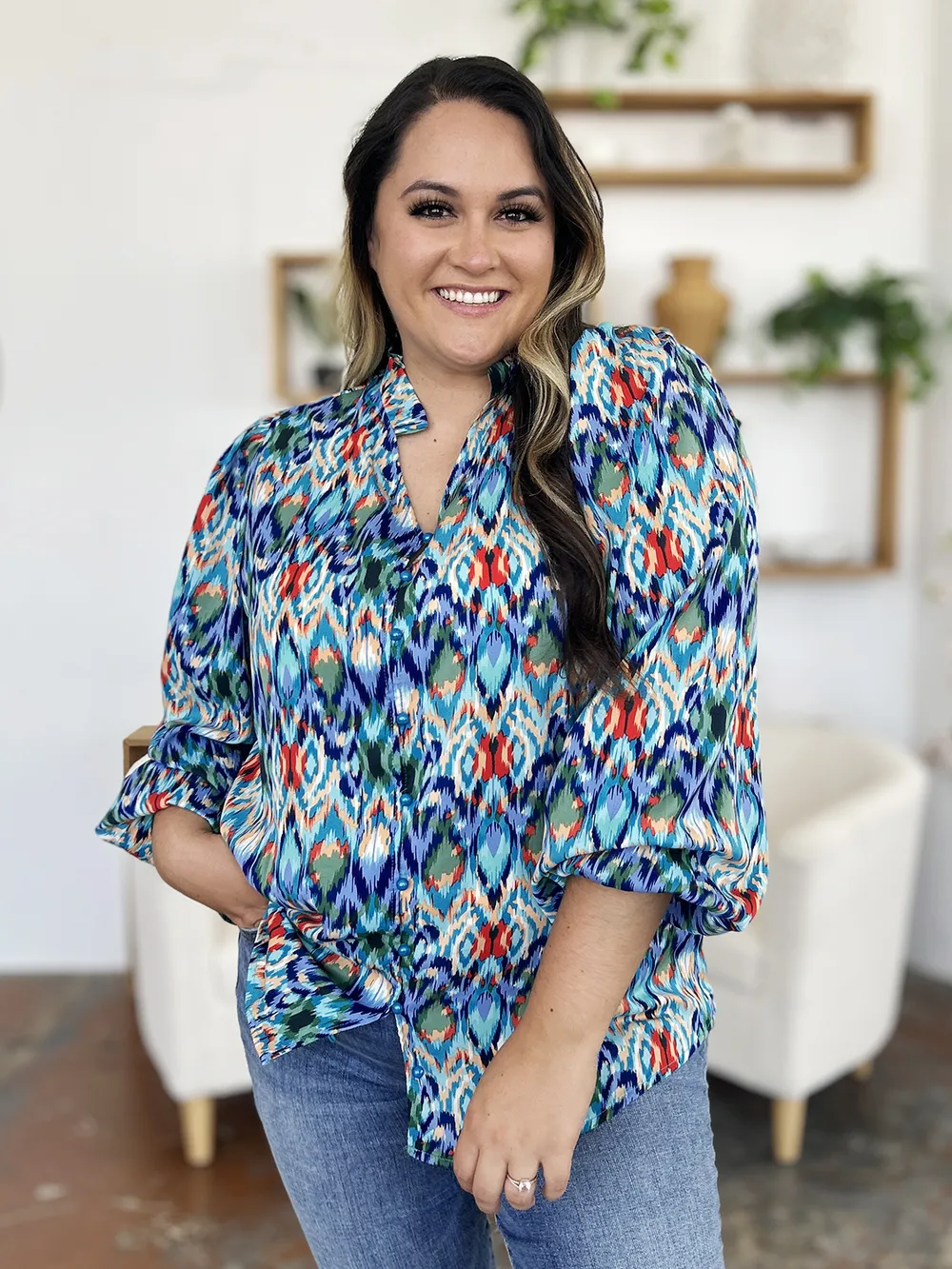 Full Size Printed Balloon Sleeve Blouse, image 8