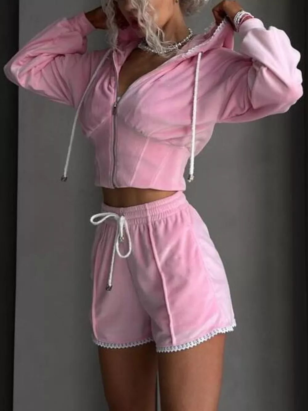 Drawstring Zip-Up Hoodie and Shorts Set, image 4
