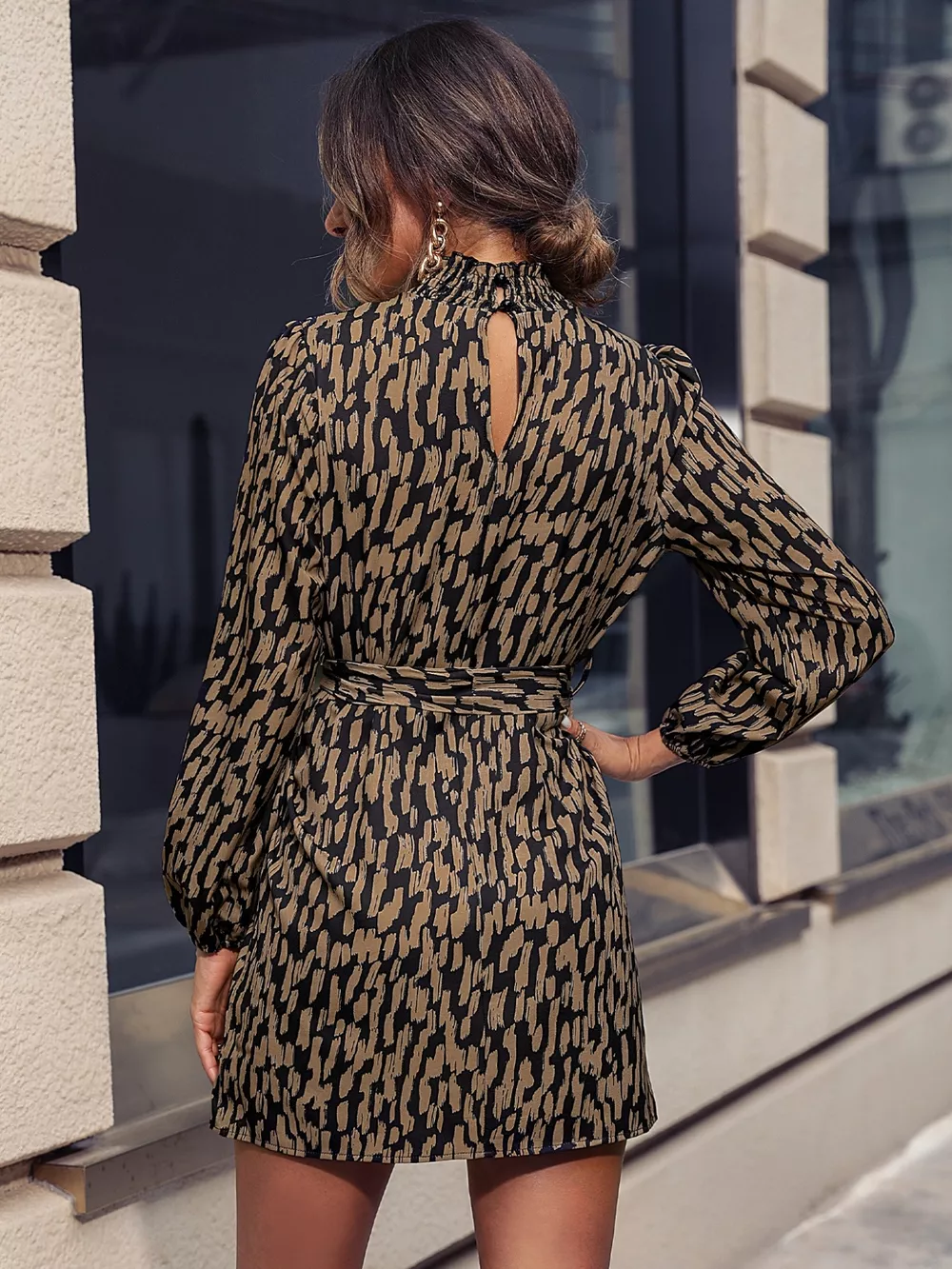 Printed Tie Waist Long Sleeve Dress, image 3