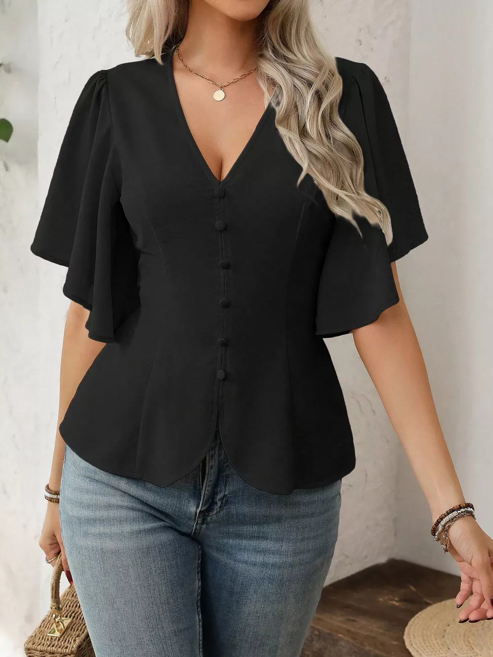V-Neck Flutter Sleeve Blouse, image 8