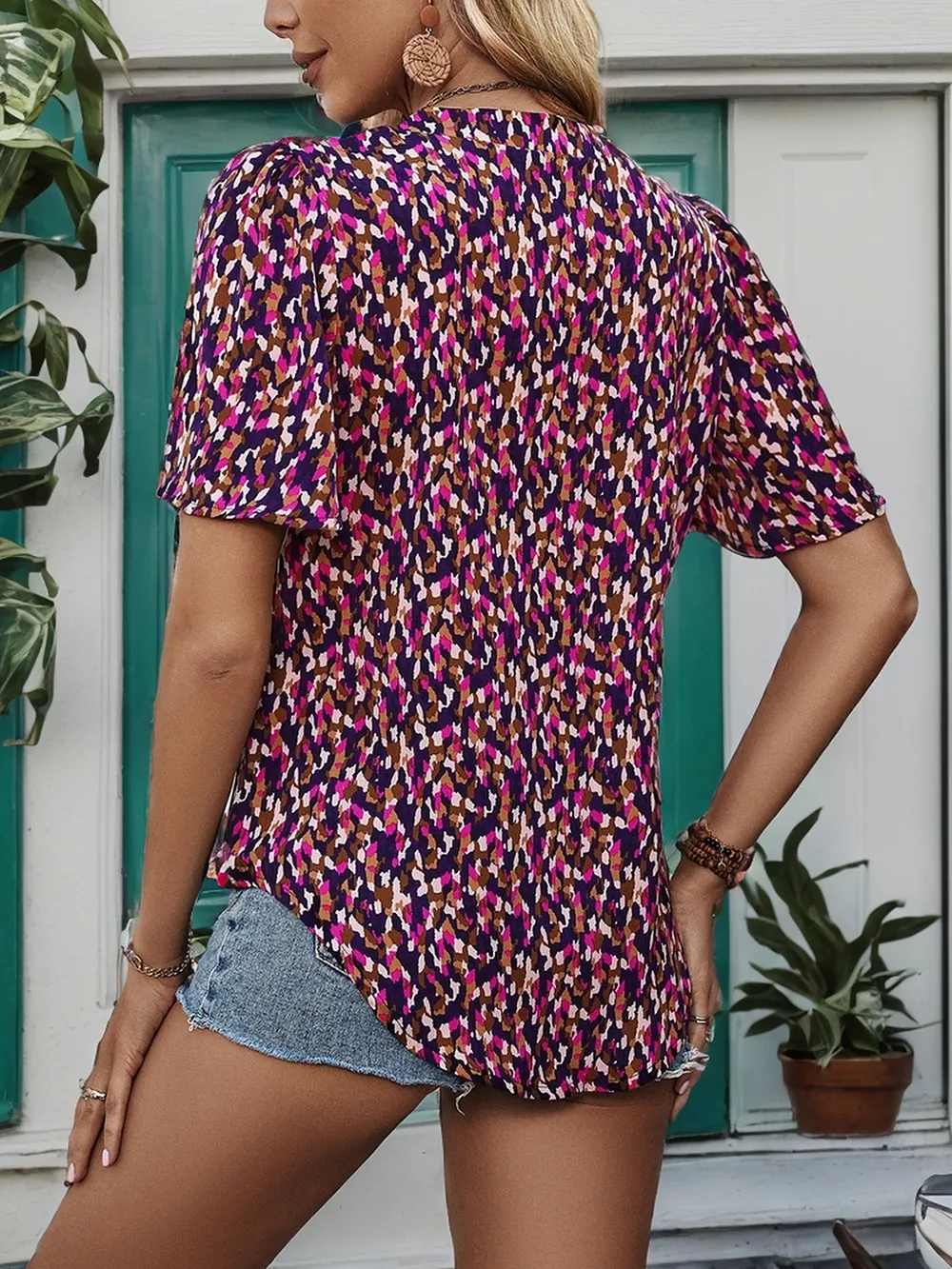 Printed Notched Flutter Sleeve Blouse, image 2