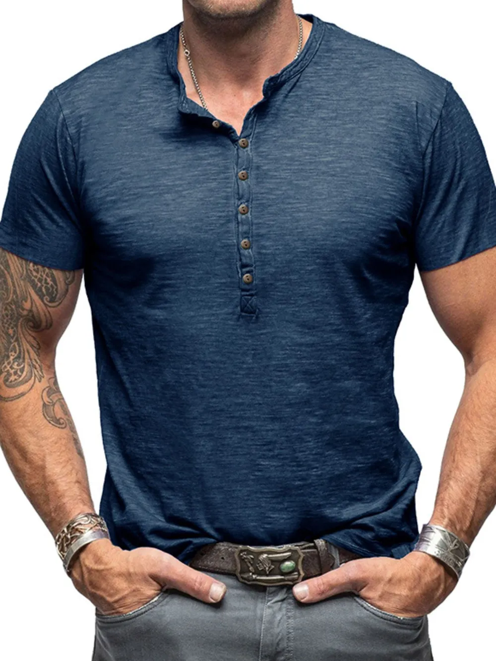 Men's Casual Henley Short Sleeve Button Top, image 2