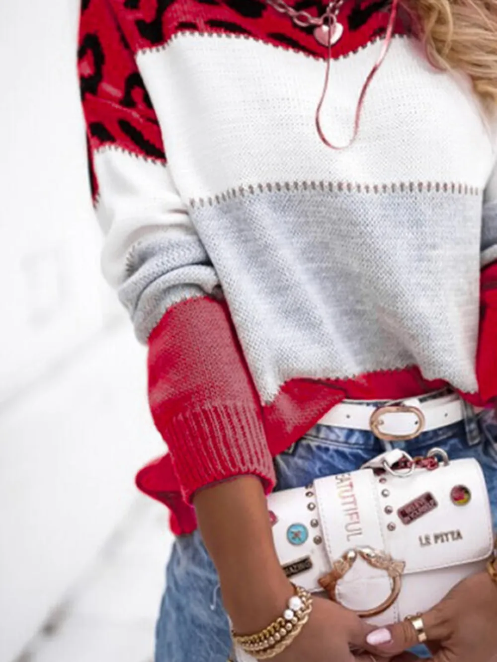 Leopard Color Block Round Neck Long Sleeve Sweater, image 15