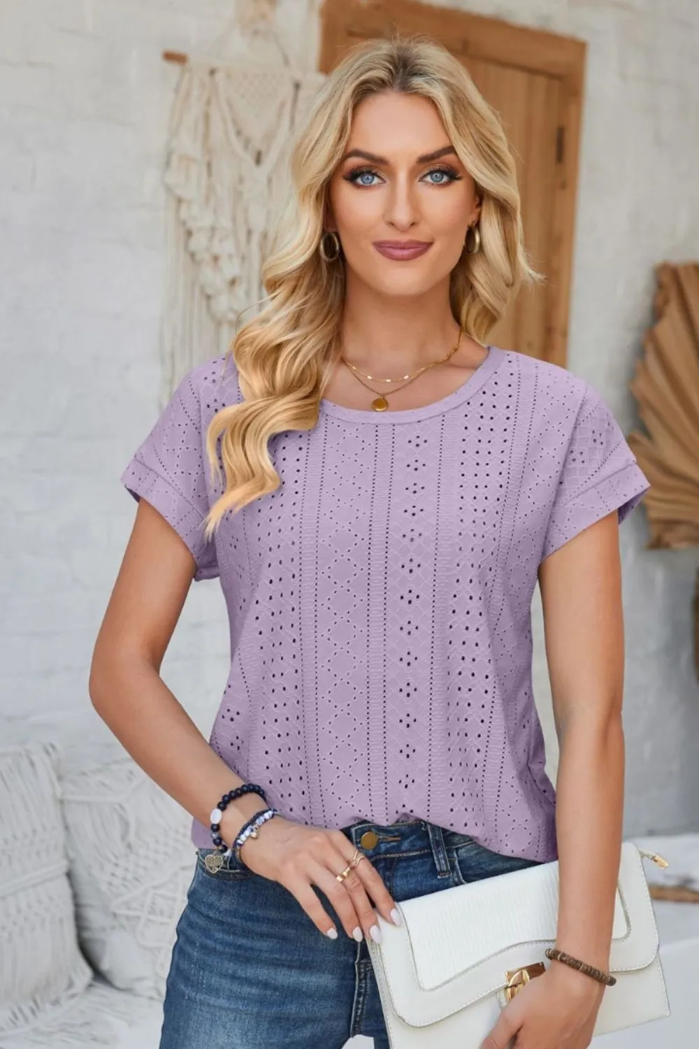 Eyelet Round Neck Rolled Short Sleeve T-Shirt, image 33