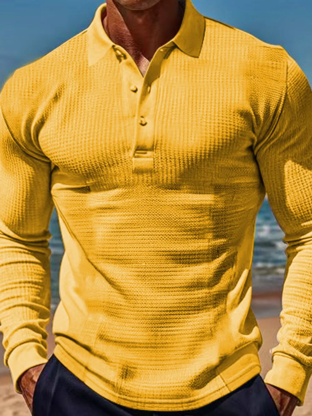 Men's Full Size Waffle-Knit Quarter Button Polo Plus Size, image 4