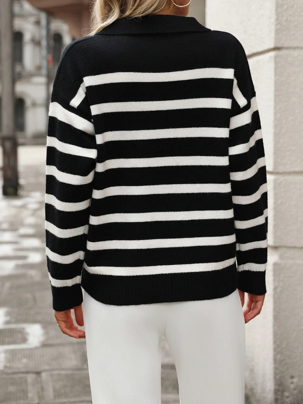 Striped Johnny Collar Long Sleeve Sweater, image 9