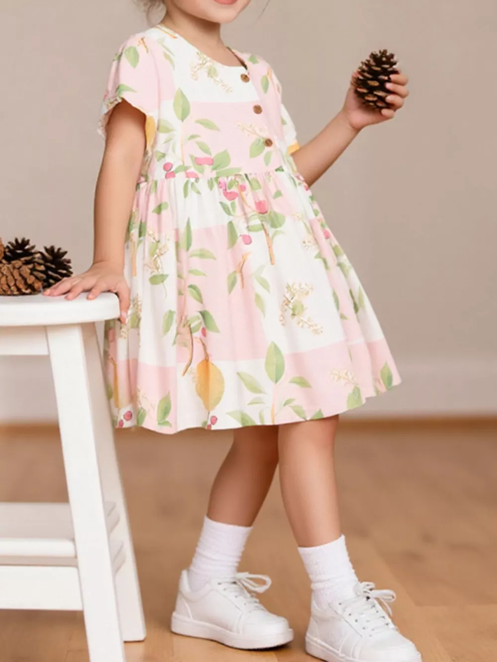 Children's Floral Print Button-Down A-Line Dress