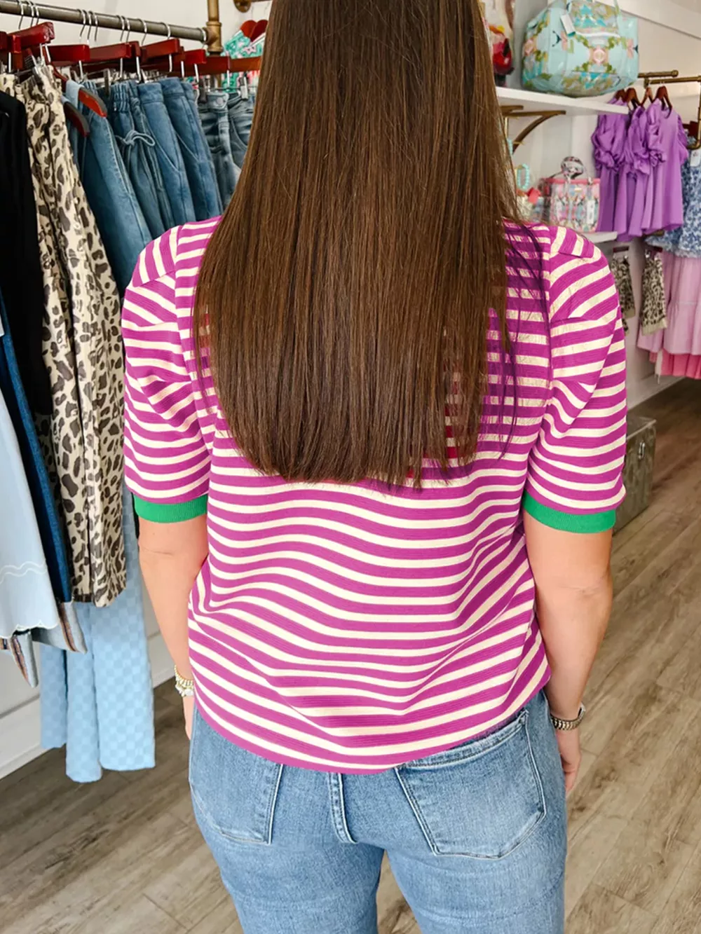 Stripe Short Puff Sleeve Contrast Trim Round Neck Tee, image 5