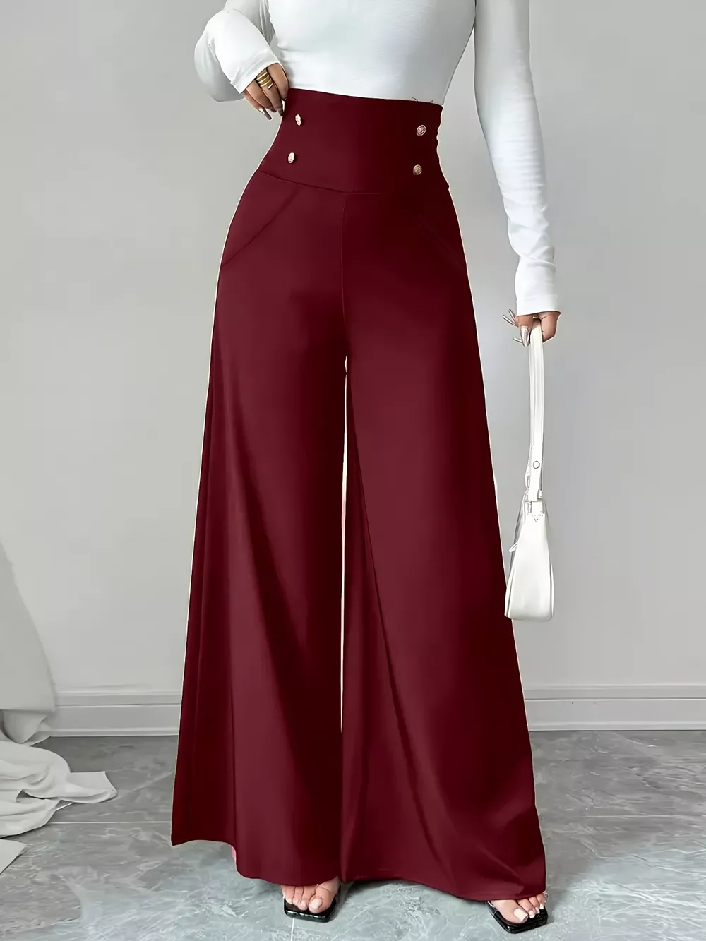 High Waist Wide Leg Button Decor Pants, image 7