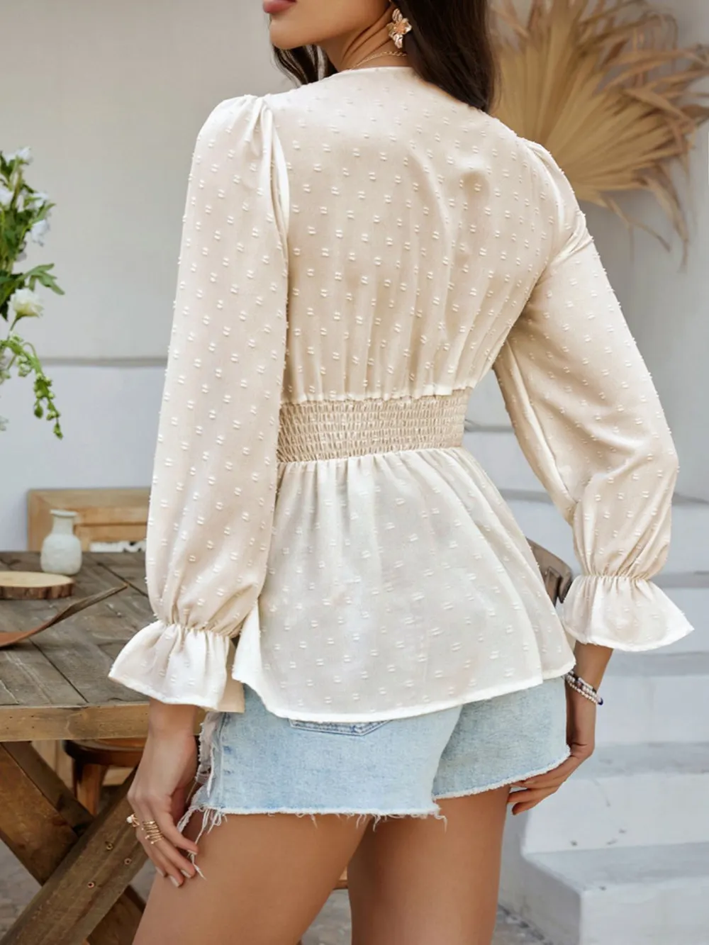 Swiss Dot Lace Detail Surplice Flounce Sleeve Blouse, image 7