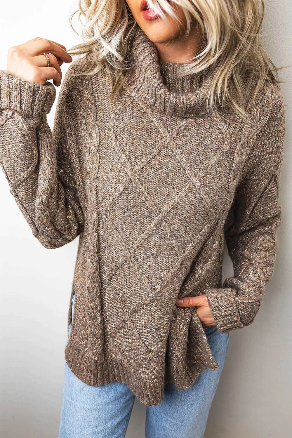 High Neck Drop Shoulder Cable Knit Regular Length Sweater, image 3