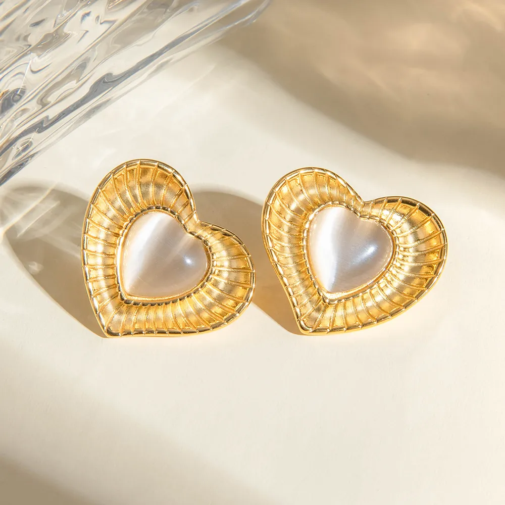Stainless Steel Cat's Eye Stone Heart Earrings, image 2