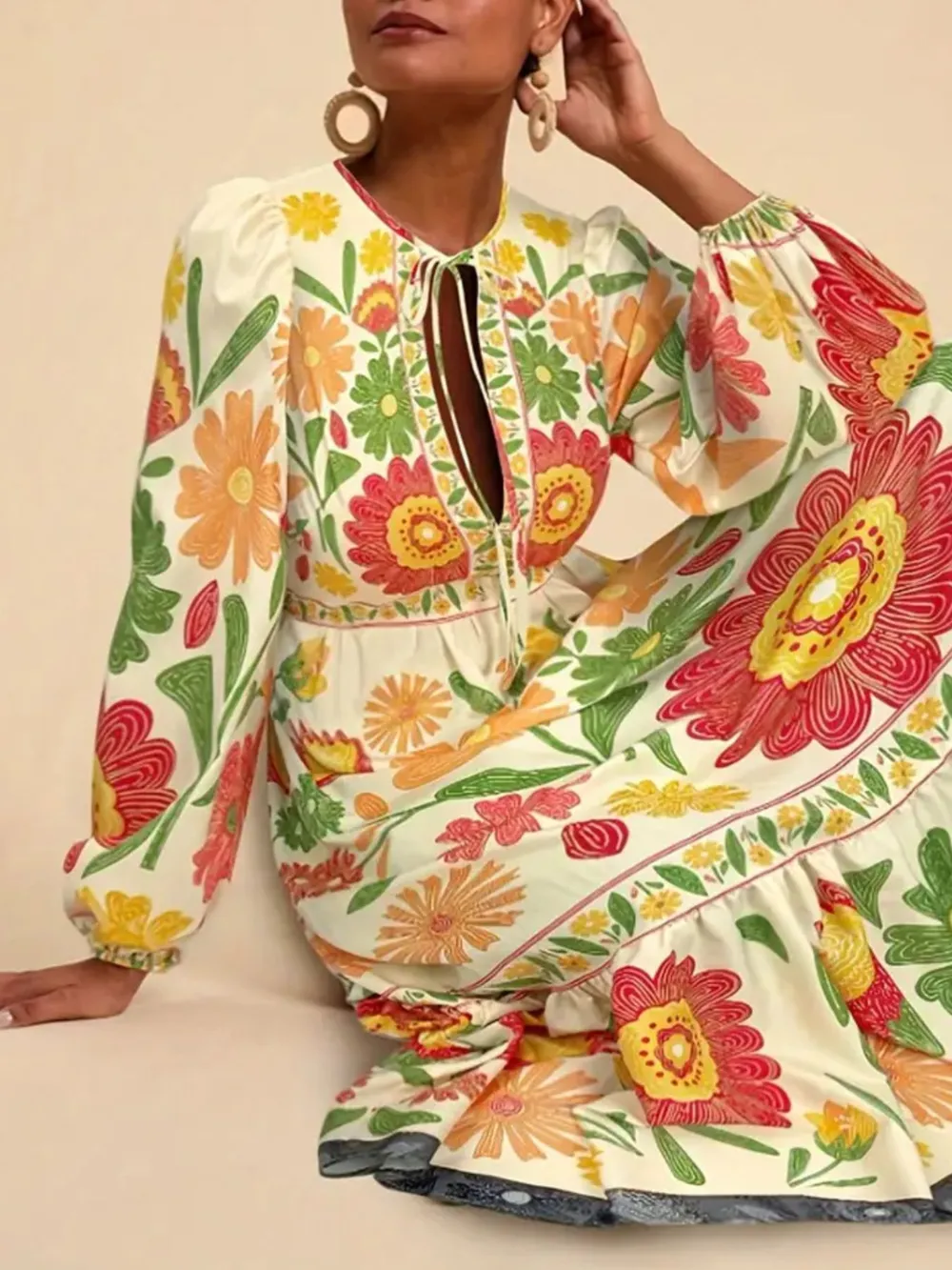 Floral Tie Waist Long Sleeve Dress, image 15