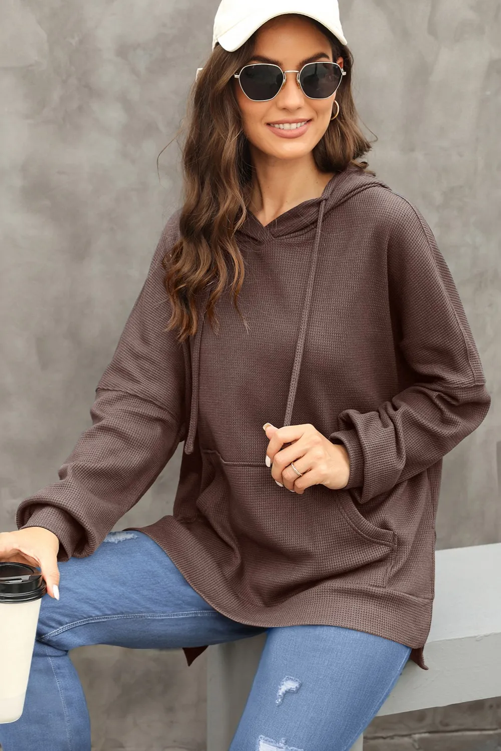 Waffle-Knit Long Sleeve Hoodie, image 9