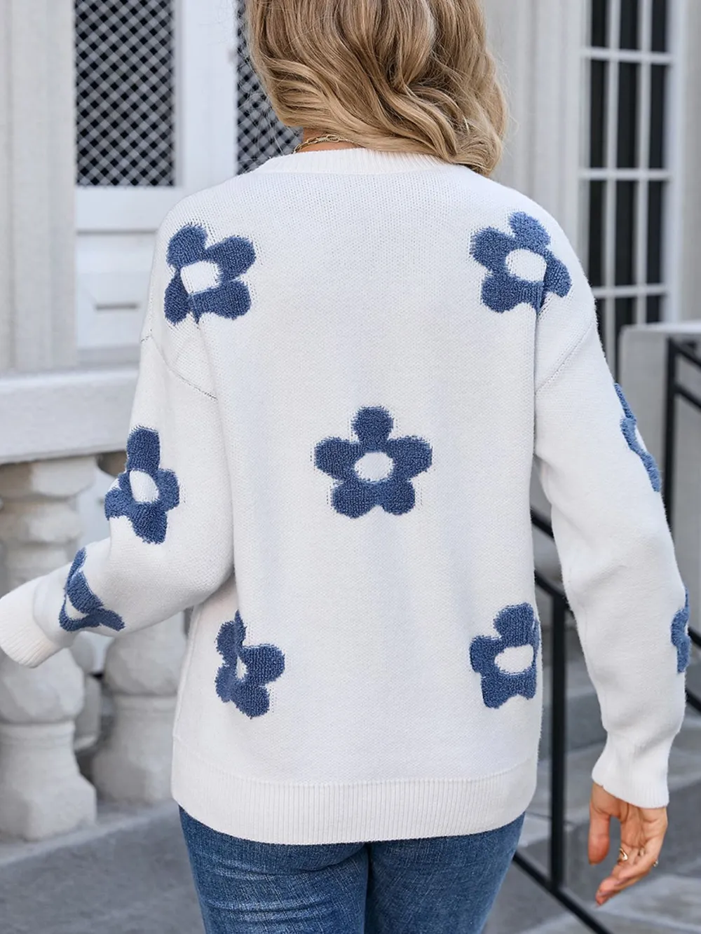 Flower Round Neck Long Sleeve Sweater, image 3