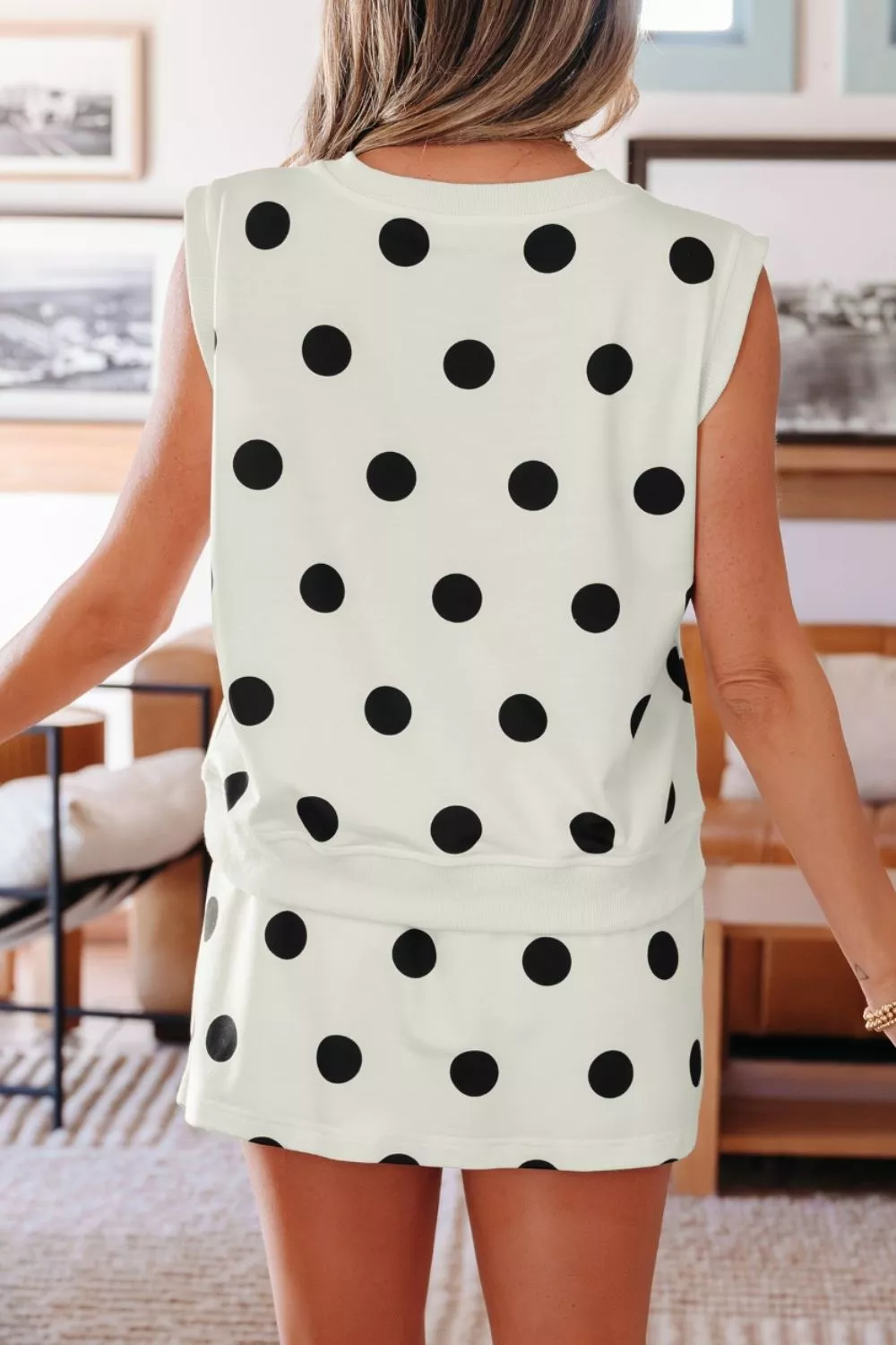 Ribbed Trim Polka Dot Print Tank Split Mini Skort 2pcs Set, image 4