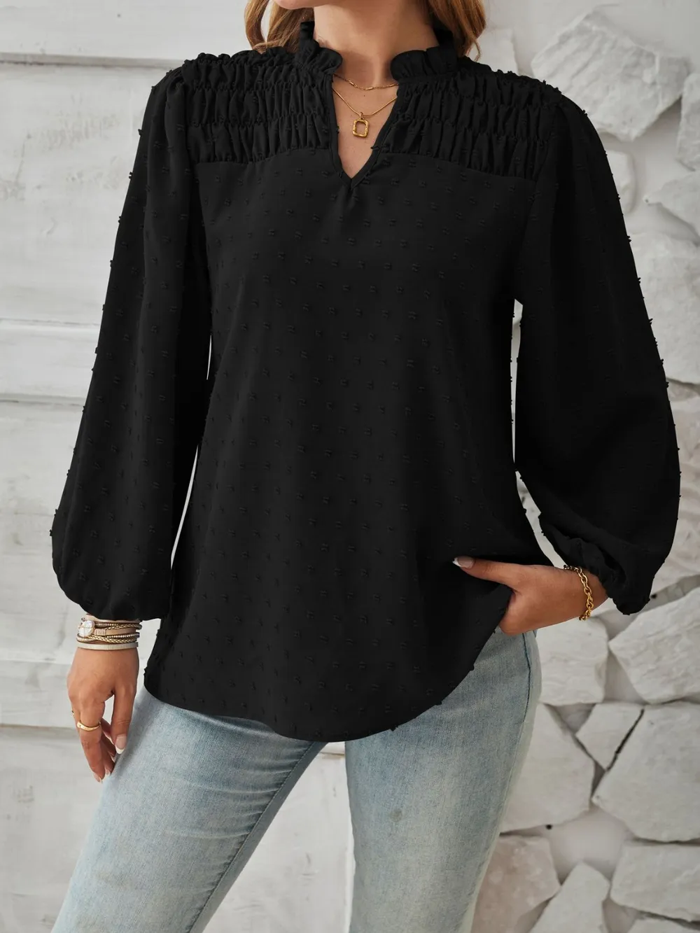 Ruched Swiss Dot Notched Balloon Sleeve T-Shirt, image 17