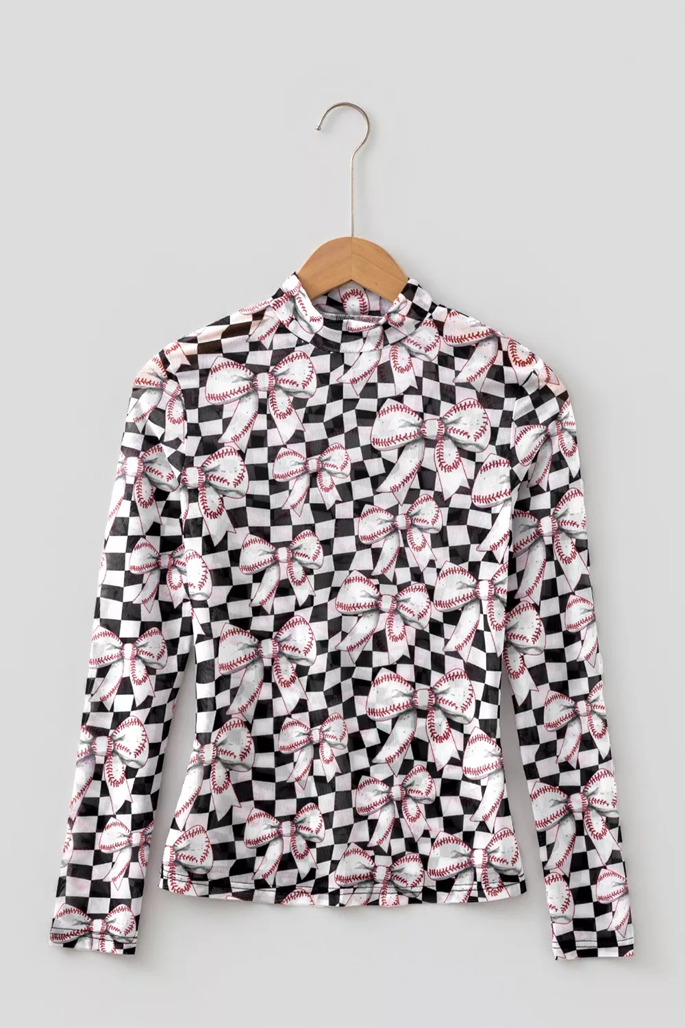 Checkered Baseball Bow Print High Neck Long Sleeve Mesh Top, image 2