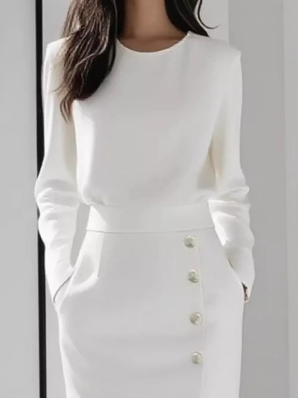 Long Sleeve Button Detail Midi Dress with Side Slit, image 6