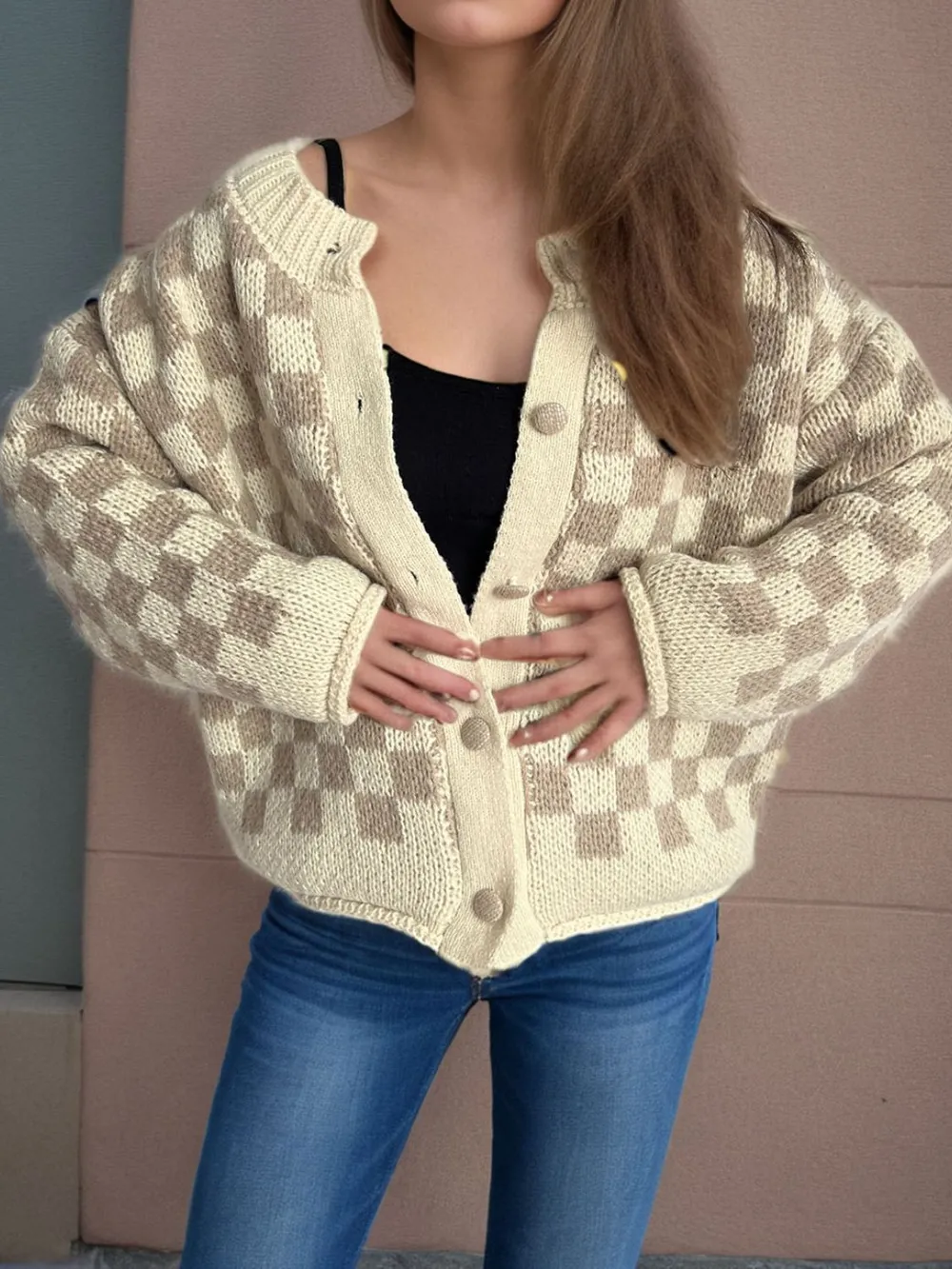 Checkered Button Up Round Neck Cardigan, image 9