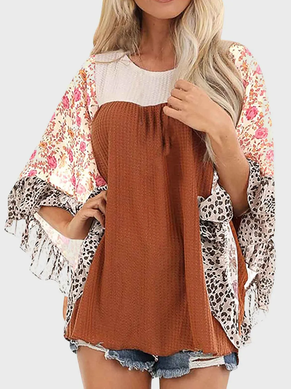 Full Size Printed Round Neck Three-Quarter Sleeve Blouse, image 16