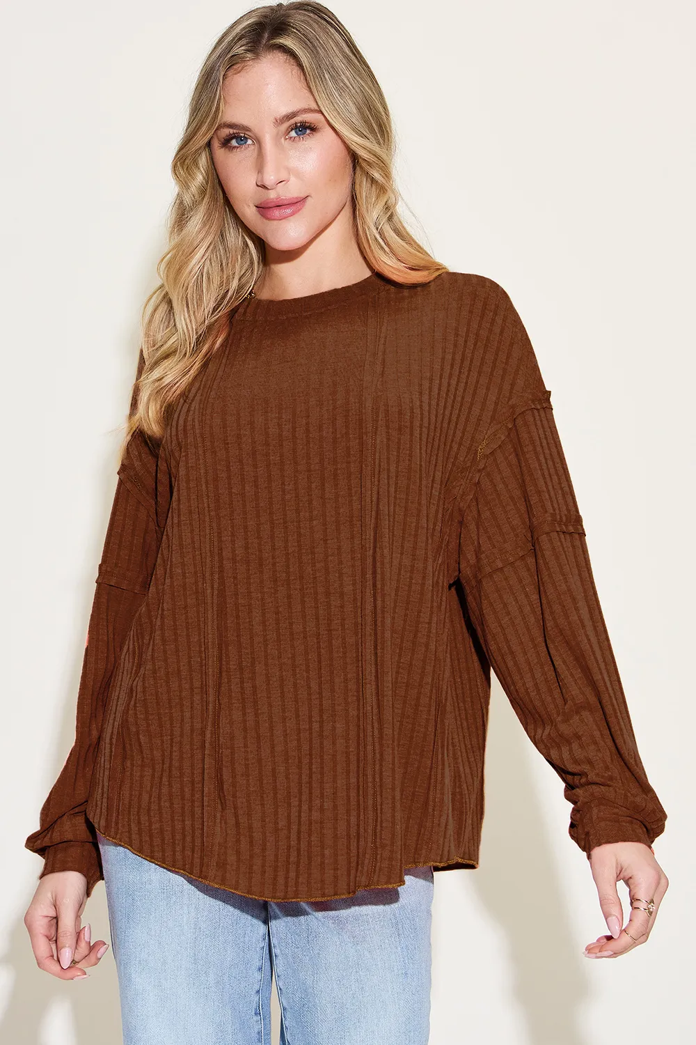 Full Size Ribbed Round Neck Long Sleeve T-Shirt, image 22