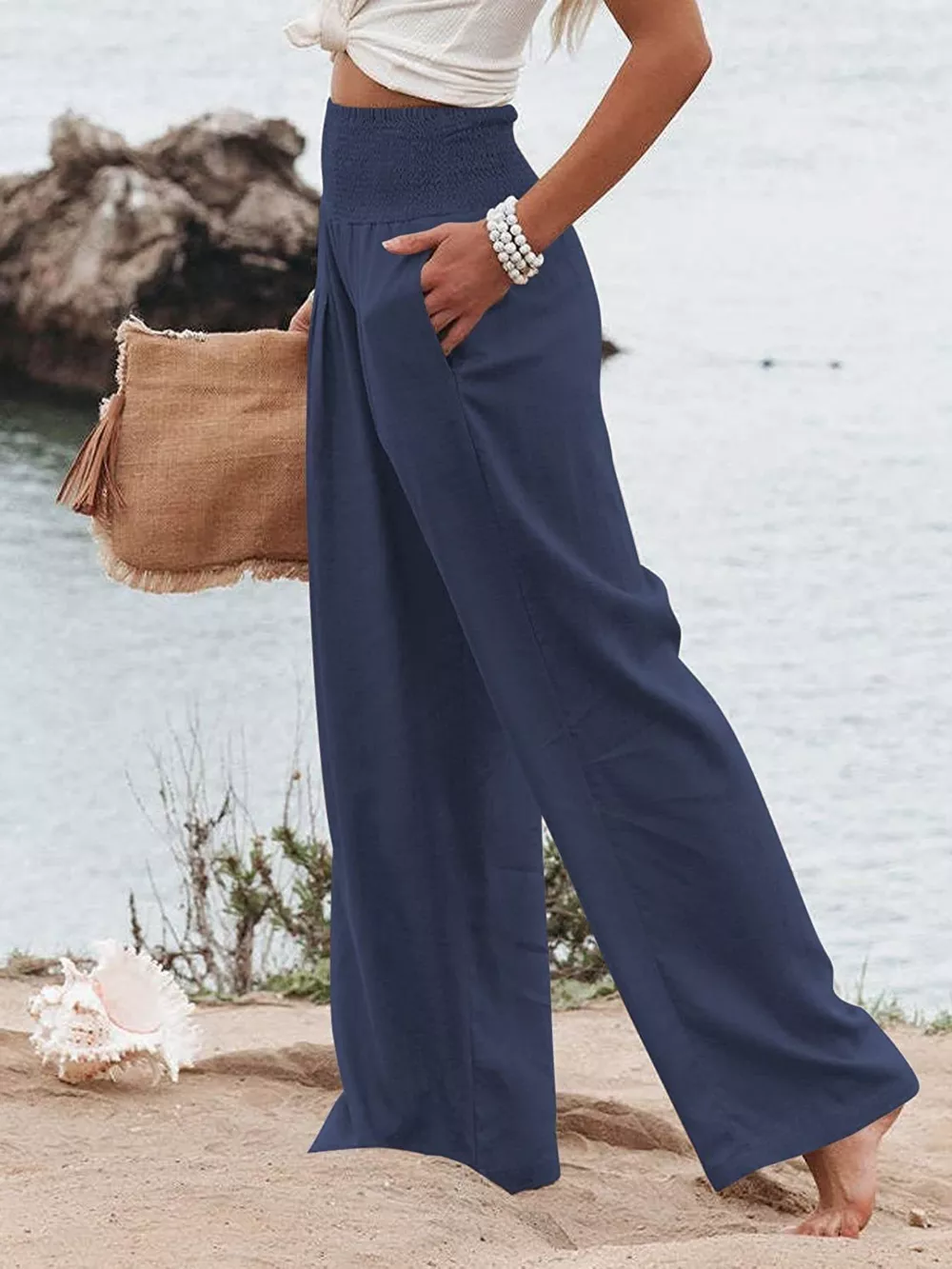 Smocked High Waisted Wide Leg Pants, image 14