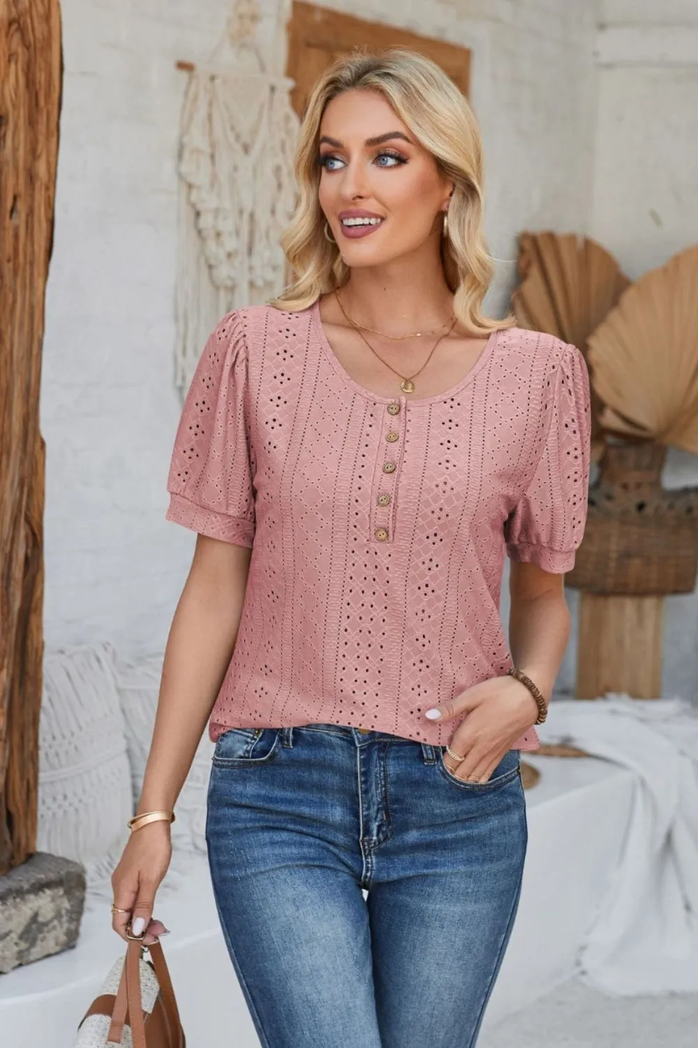 Eyelet Round Neck Short Sleeve Blouse, image 23