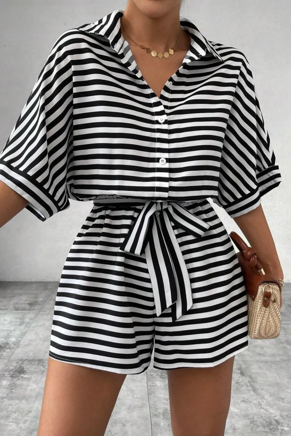 Striped Collared Neck Tie Waist Romper, image 14