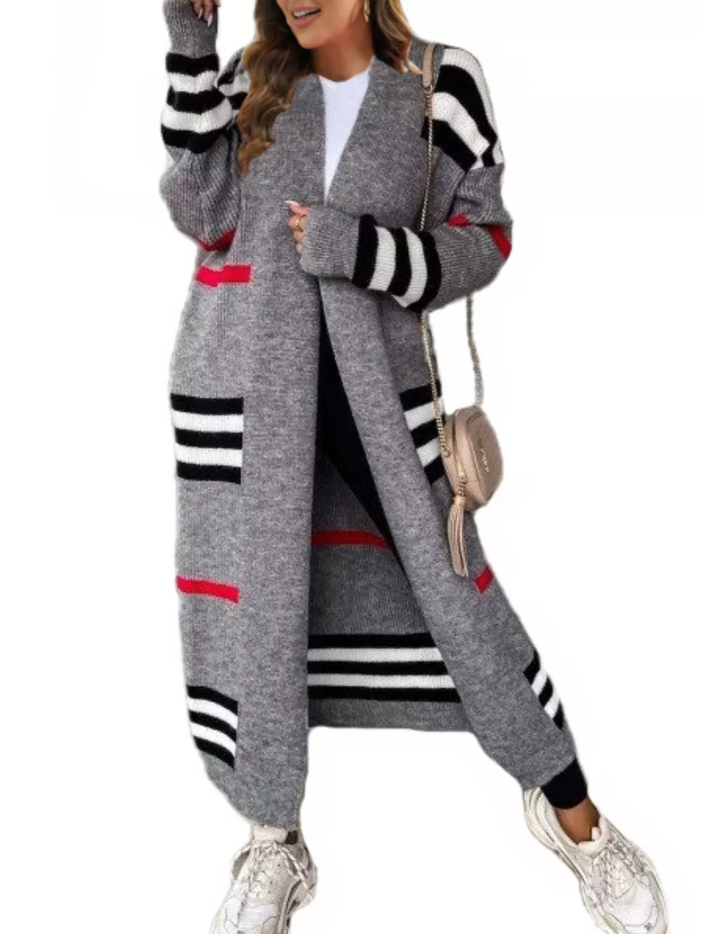 Striped Longline Open Front Cardigan, image 2