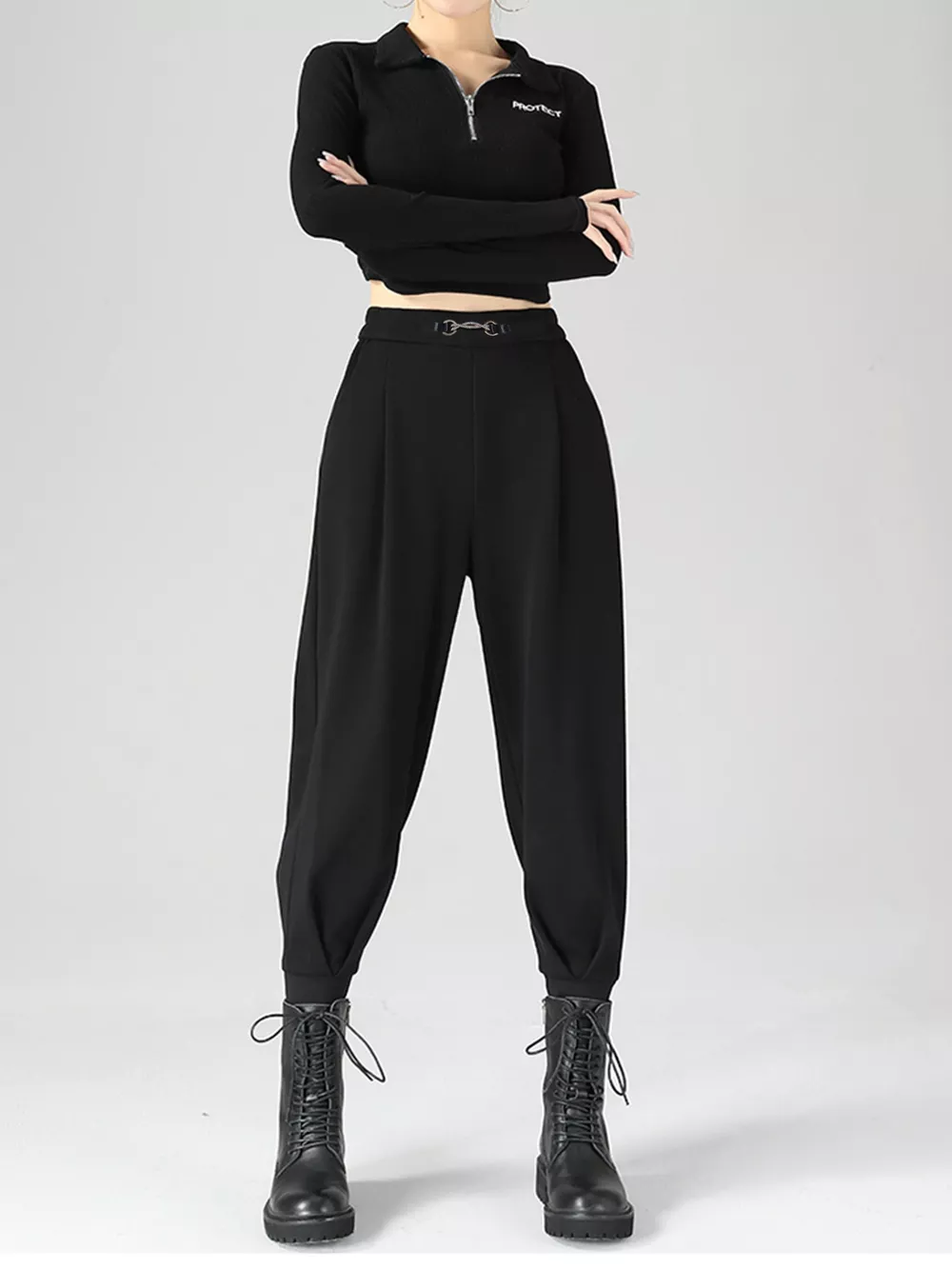 High-Waisted Buckle Detail Tapered Pants