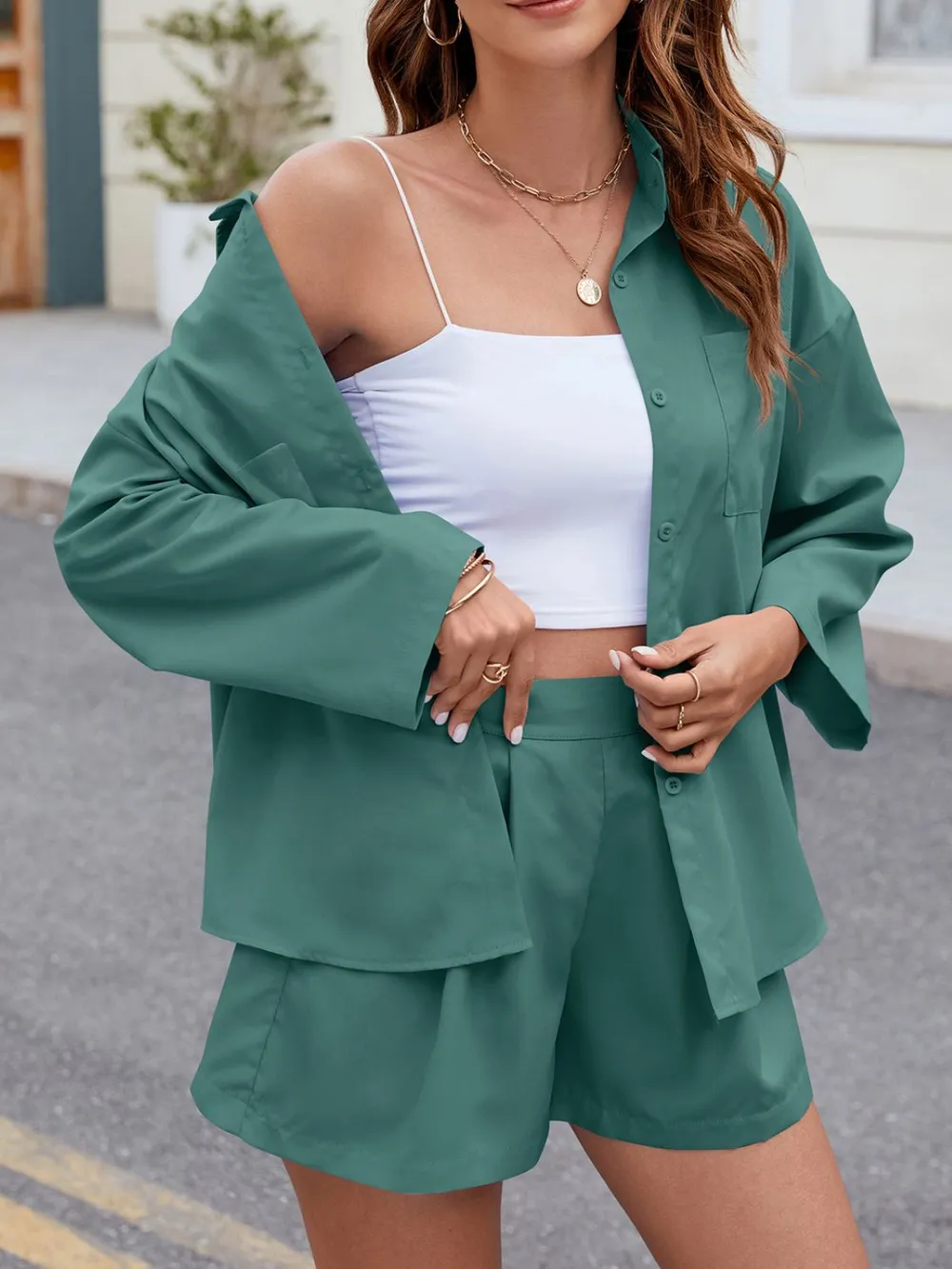 Button Up Long Sleeve Top and Shorts Set, image 14