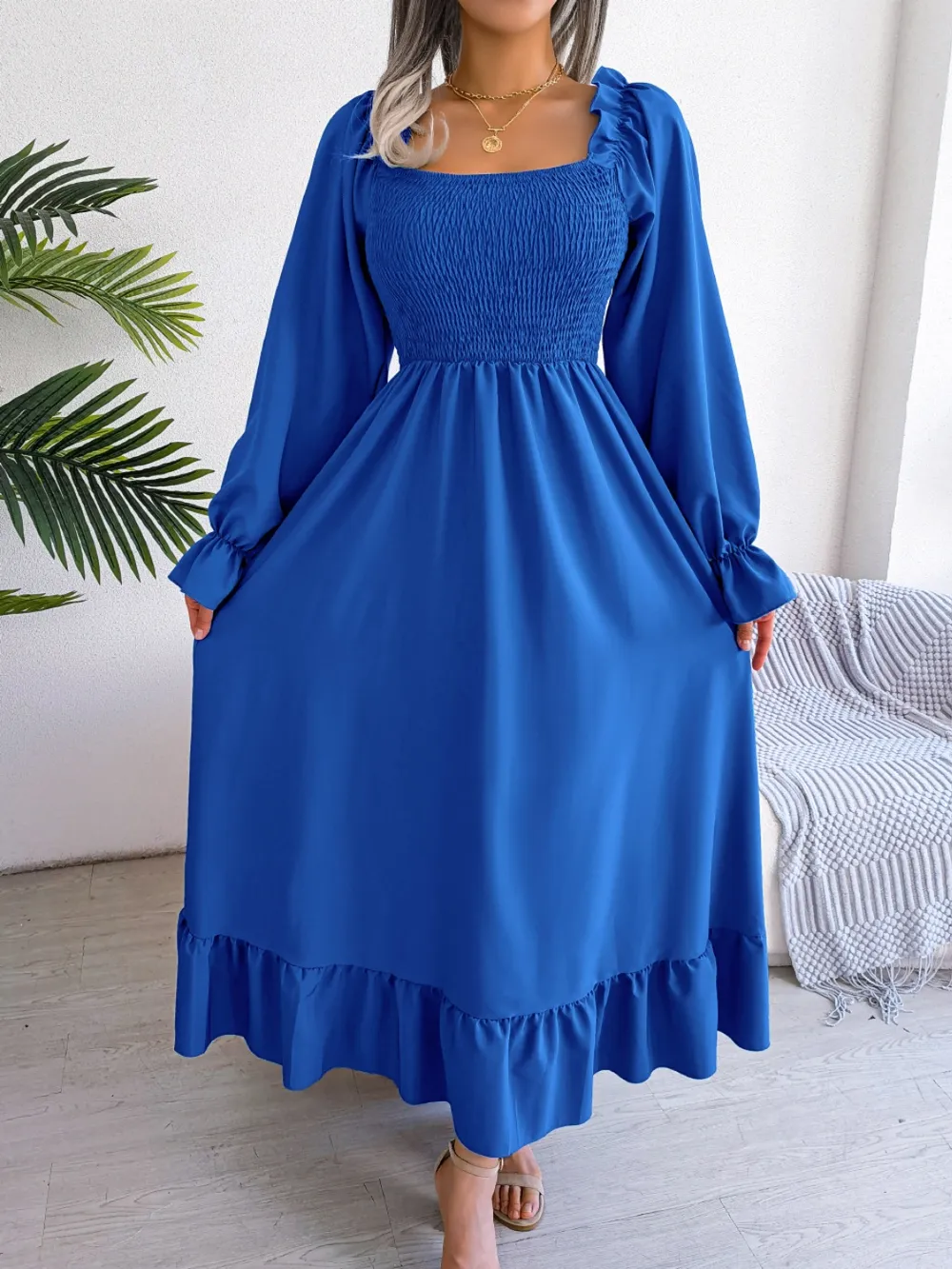 Smocked Square Neck Flounce Sleeve Dress, image 22