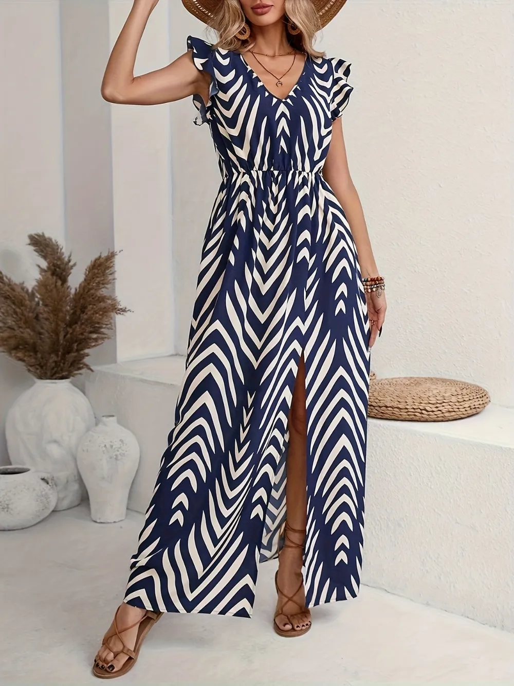 Printed V-Neck Cap Sleeve Maxi Dress, image 5