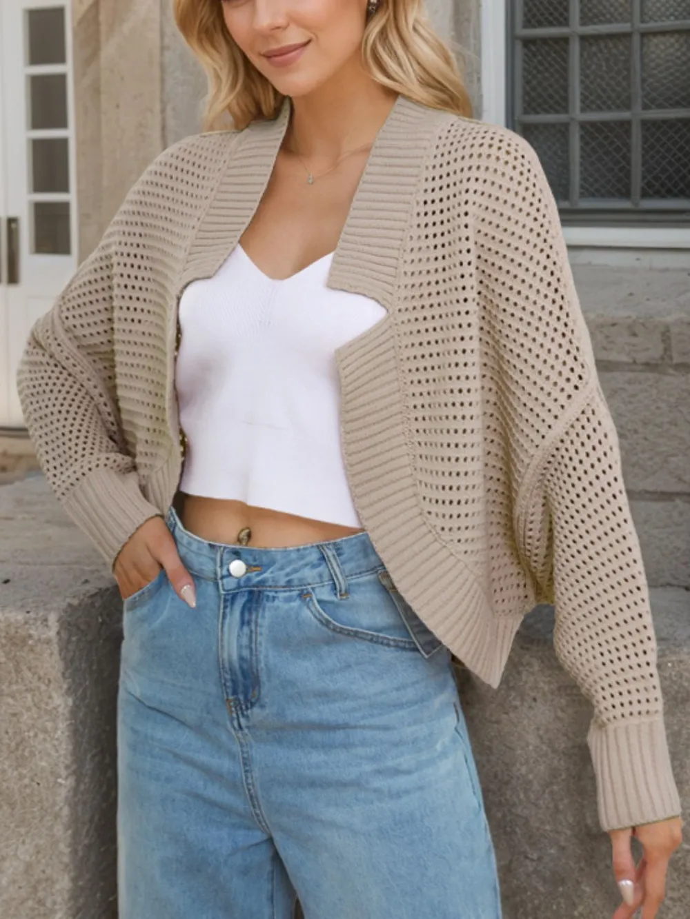 Openwork Open Front Long Sleeve Cardigan, image 4