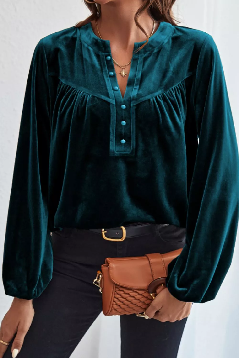 Notched Long Sleeve Velvet Top, image 6