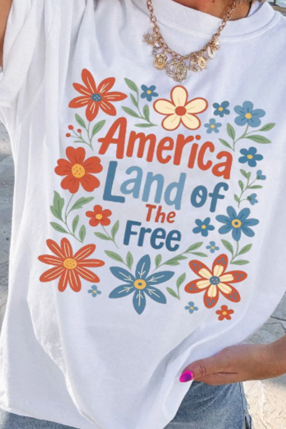 Patriotic Floral America Land of The Free Graphic T-Shirt, image 4
