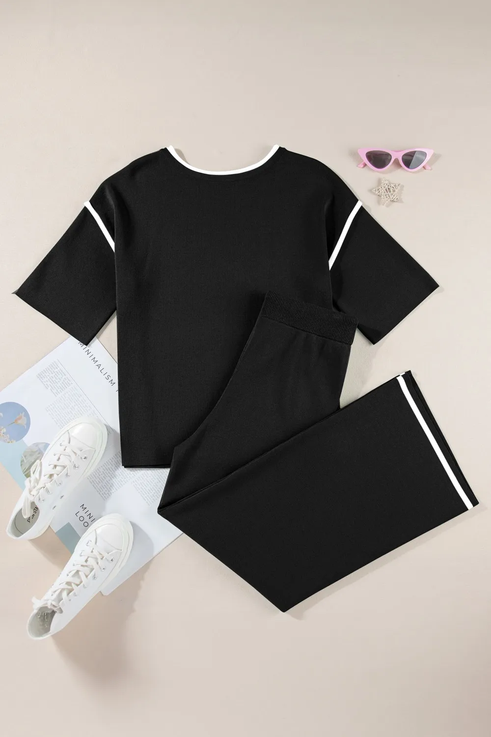 Contrast Trim Round Neck Top and Pants Set, image 19